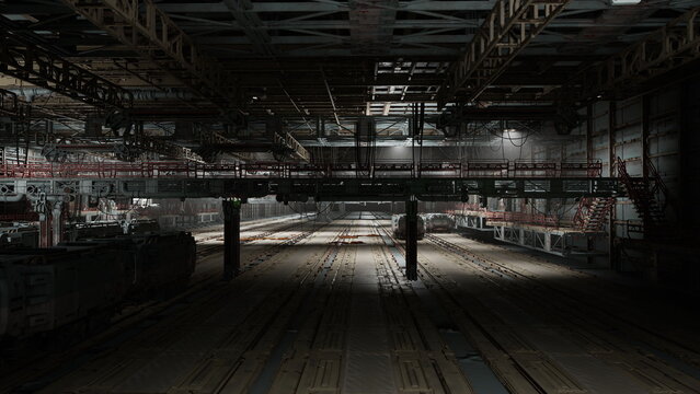 Shadowed underground transit hub with parked trains and dim aisles, overhead beams create moody lines, distant light suggests hidden access and operational