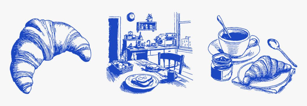 French breakfast croissant coffee kitchen morning set. Hand drawn pastries, home table interior and cups with jam. Vintage blue ink illustration for bakery or cafe branding.
