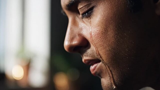 Close up profile of a heartbroken man crying with tears of sorrow.