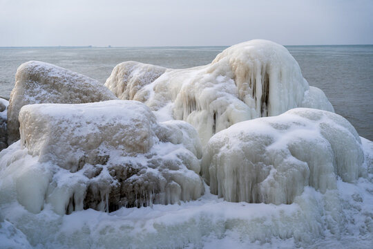 Ice Covered Coastal Rocks with Dramatic Ice Formations on the Baltic Sea