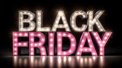 Obraz premium Holiday promotion signage for Black Friday uses vintage‑styled light bulbs that glow red and white against a dark setting, creating a carnival‑like atmosphere