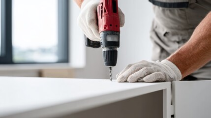 Carpenter using electric drill for precision hole in wood at modern workshop