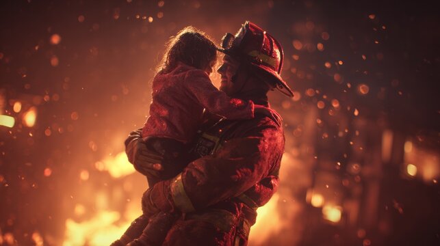 A heroic firefighter in dark red gear rescuing a child from a burning building at night, intense flames in the background, glowing embers flying through the air