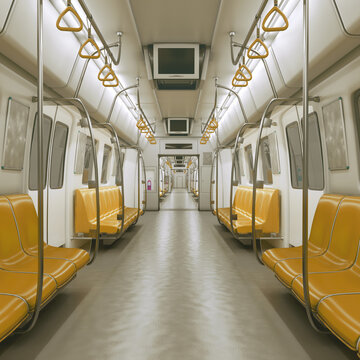 Modern subway train interior with yellow seats and bright lighting, empty public transport carriage concept.