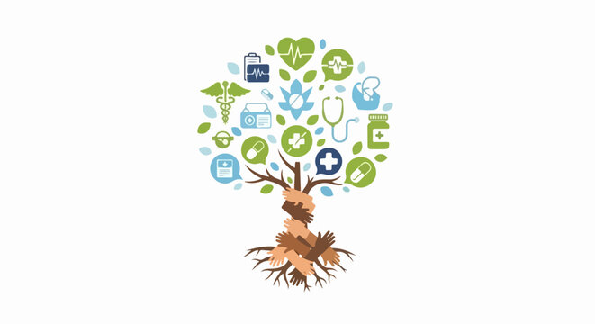Health tree illustration, a symbolic representation of comprehensive wellness with various medical icons forming vibrant leaves. Detailed health tree design incorporates heart, caduceus, pills,