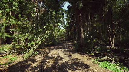 Fototapeta premium Gentle dawn journey along narrow forest trail with fresh air, Tranquil morning route beneath soaring trees designed for daily commuters and local pedestrians