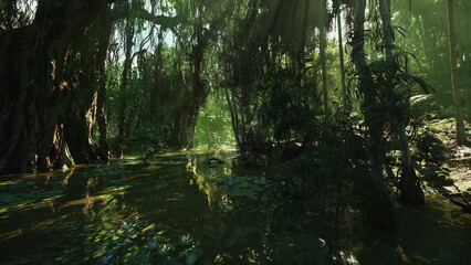 Obraz premium sunlit mangrove swamp with reflective water and dense tangled roots, dappled sunlight filtering through canopy, lush green foliage and tranquil mirrorlike pool