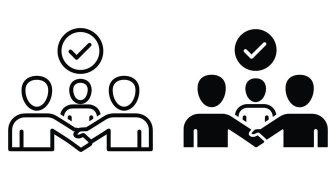 Two versions of business deal icon featuring people shaking hands and approval symbol