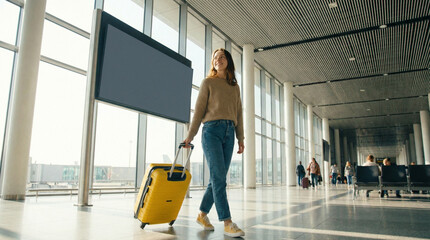 Obraz premium Rear view of woman with suitcase looking at electronic departure board in airport terminal, travel planning, anticipation, journey start, city airport.