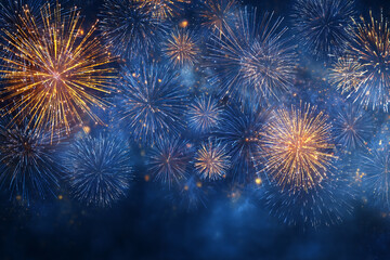Fototapeta premium Golden bursts of light explode against a dark background with floating bokeh orbs creating a festive and celebratory atmosphere