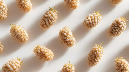 A clean overhead pattern of fresh ripe white mulberries scattered across a bright white background, casting soft natural shadows, emphasizing their delicate texture and healthy simplicity.