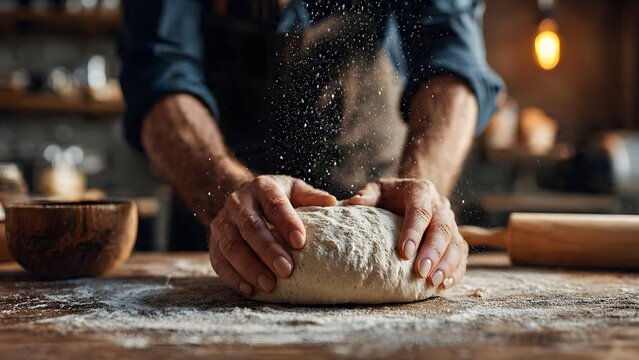 Close-up of strong baker hands kneading fresh dough on a floured wooden surface, featuring dust particles in the air and a warm rustic bakery atmosphere.