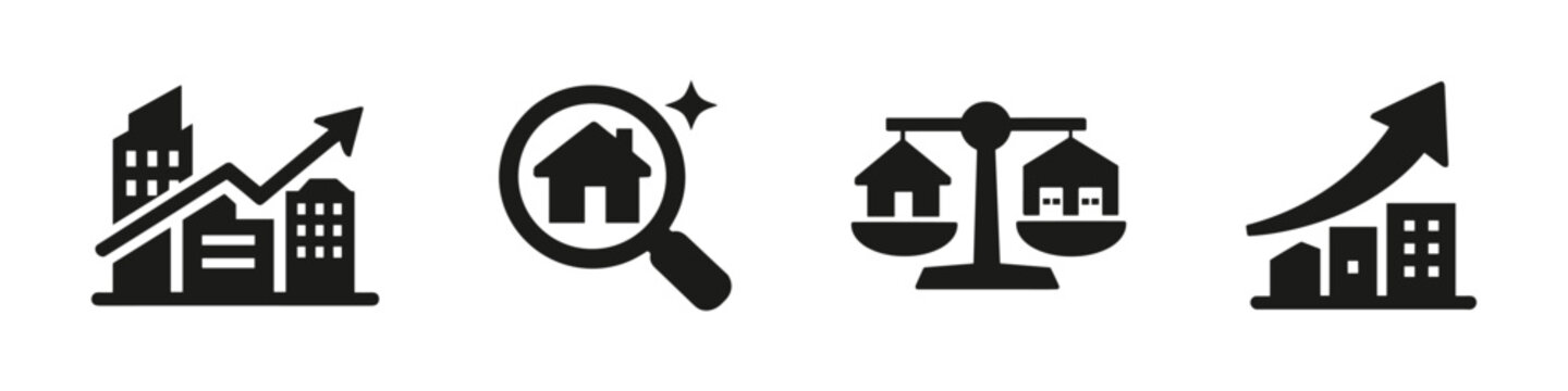 Solid black real estate investment growth icon set