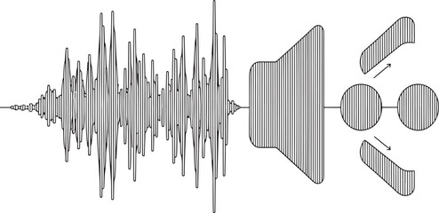Black and white speaker icon with audio sound wave visualization on white background