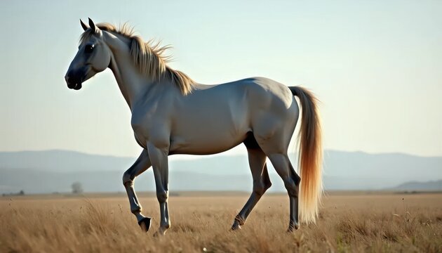 A white horse is galloping in a field of dry grass.