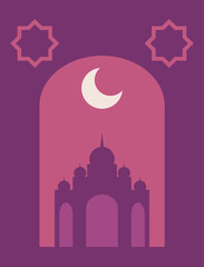 Ramadhan Kareem Mosque Silhouette with Crescent Moon. Banner, Greeting Card. Poster Design.