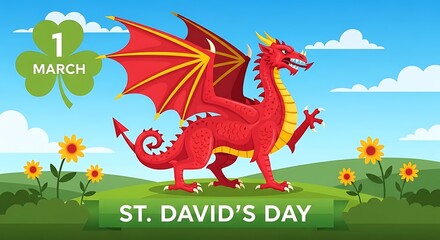 St david's day dragon celebration on march 1st with red dragon and shamrock