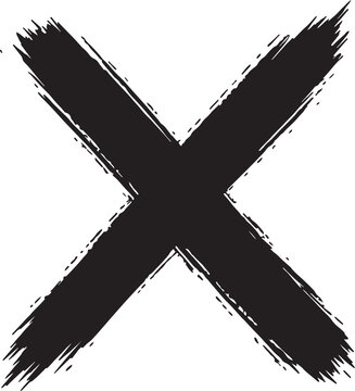 Black X mark brush stroke symbol with distressed edges on white background also transparent background