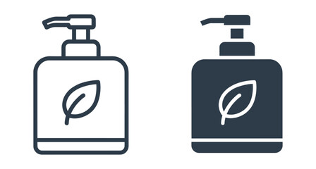 Obraz premium Minimalist outline and solid icons of a liquid soap dispenser with leaf logo