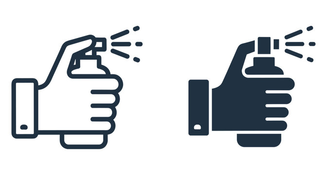 Two icons showing a hand pressing a spray bottle for cleaning or cosmetic use