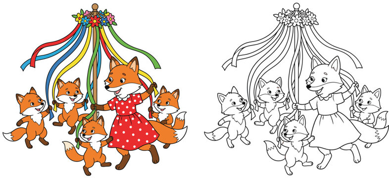  A cute fox family dancing around a maypole with colorful ribbons a cartoon illustration and black line art on white Background
