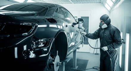 Professional auto body shop technician painting black car in modern spray booth 