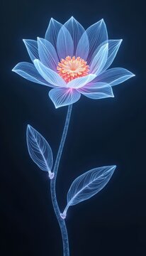 A blue and pink flower with a stem and leaves.