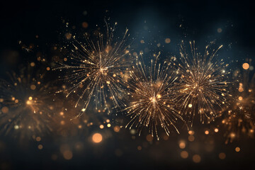 Obraz premium Golden fireworks burst and sparkle against a dark night sky creating a celebratory atmosphere with bokeh lights