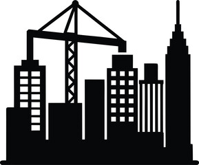 Fototapeta premium city skyline with crane silhouette vector art illustration, black and white design