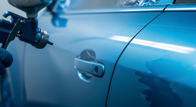 Close-up of car door being spray painted in a workshop