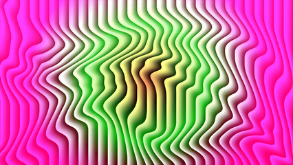 Vibrant abstract background with three-dimensional undulating vertical waves in shades of green, yellow, and brown against a bold pink backdrop