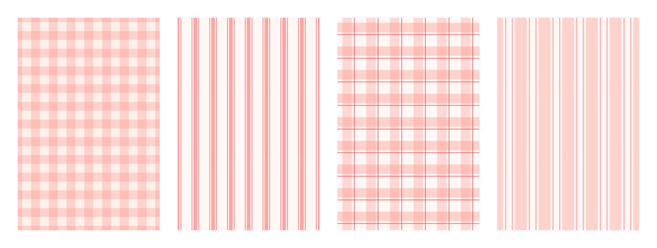 Set of Pink Classic Tablecloth Seamless Pattern. Traditional checkered and striped backgrounds for kitchen fabric and textile. Pastel gingham pattern. Repeat wallpaper. Vector aesthetic illustration