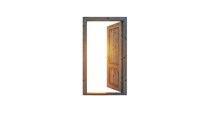 Rustic wooden door opening outwards with warm golden light spilling through, symbolizing opportunity and new beginnings