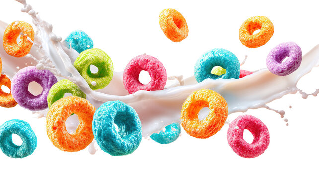 Colorful cereal rings are shown flying in the air during a milk splash. isolated on a white background