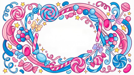 Colorful candy and sweets frame with lollipops, ribbons, stars, and bows in pink and blue hues creating a whimsical border design