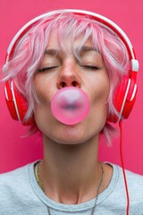 Obraz na płótnie Canvas A fashionable woman with pink hair and trendy glasses joyfully blows bubble gum in a vibrant, colorful setting