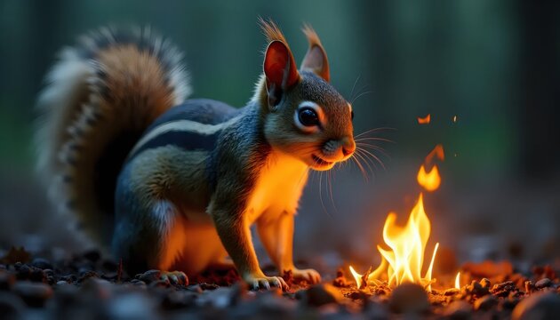 A squirrel standing in front of a fire in the woods.