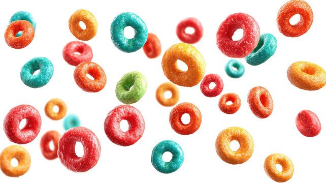 Colorful cereal rings floating isolated on a white background