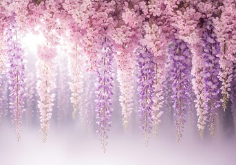 Cascading wisteria blossoms in soft hues of lavender and blush pink