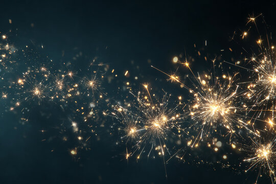 A stream of golden sparklers illuminate a dark background with a magical glow