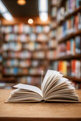 Obraz premium Open book on library table with shelves in background