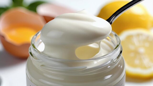 Close up of creamy mayonnaise in glass jar with eggs and lemon