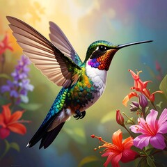 Obraz premium Vivid hummingbird, wings outstretched, hovers amongst colorful flowers in a bright garden scene