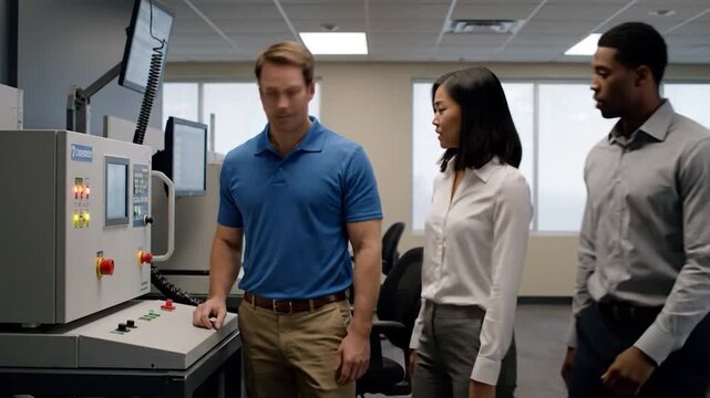 Engineer in blue polo shirt demonstrating industrial machinery operation to diverse colleagues in office setting with cinematic lighting