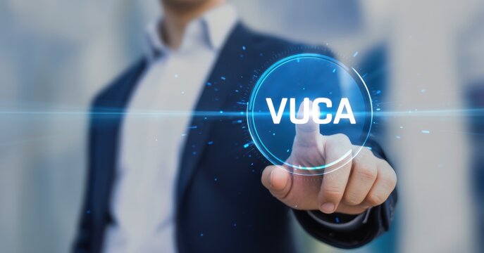 Navigating VUCA World: An executive's resolute touch ignites the VUCA concept, symbolizing a firm grasp on the complex business landscape and an agile approach to dynamic challenges. 