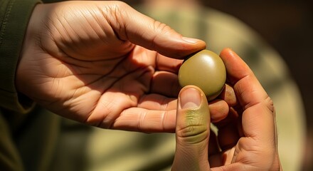 Contemplative study of hands holding an olive green spherical object