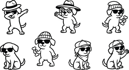 Fototapeta premium Cartoon vector line art set of eight cool dogs wearing sunglasses hats and accessories performing playful poses and gestures smiling