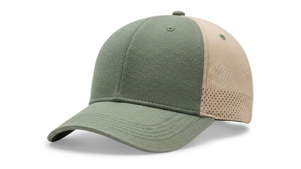 Fototapeta premium Green and beige baseball cap with mesh back isolated on transparent background