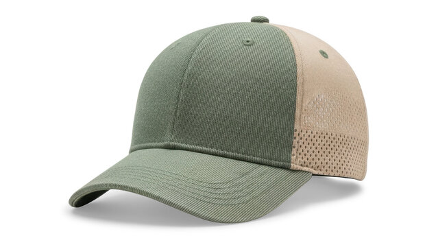 Green and beige baseball cap with mesh back isolated on transparent background