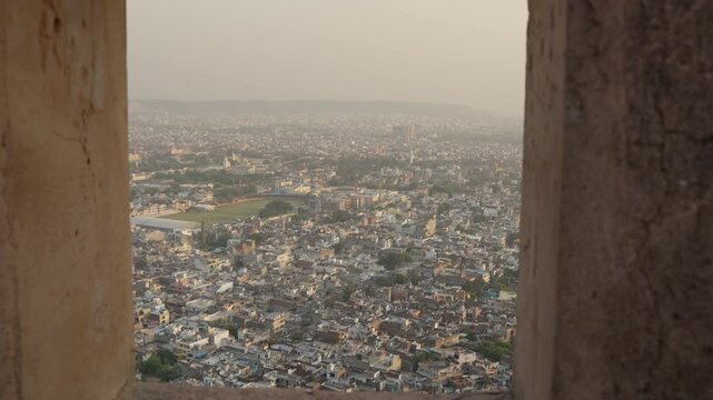 Slow Motion Jaipur Cityscape from Nahargarh Fort, Sunset Panorama Rajasthan, Cinematic Indian City View from Above